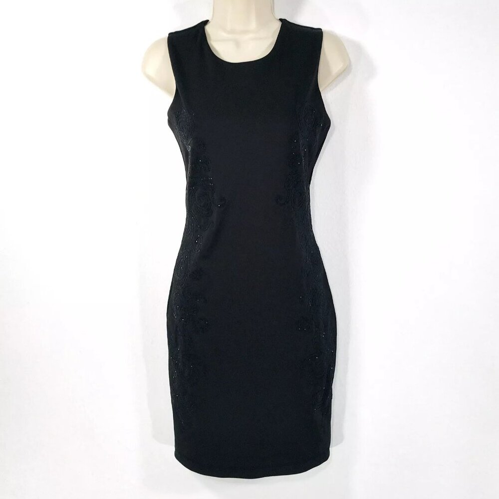 WAGGON PARIS Women's Beaded Little Black Dress Sz M/38 Wool Sheath Stretch